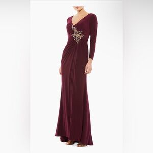 MAC DUGGAL STYLE 67848 , SIZE 2 FAUX WRAP LONG SLEEVE GOWN W/ APPLIQUÉ DETAIL